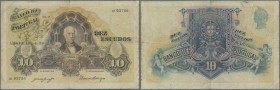 Portugal: 10 Escudos 1920 P. 121, several folds, light stain in paper due to usage, one 3mm border tear at top border, one 7mm tear at right border, n...