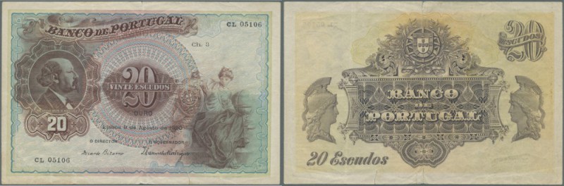 Portugal: 20 Escudos 1920 P. 122, center fold, 2 small border tears (6mm at uppe...