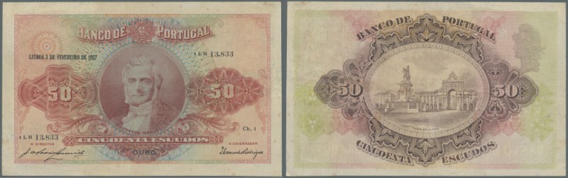 Portugal: 50 Escudos 1927 P. 123, lightly stained paper, only light folds, a pro...