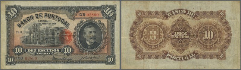 Portugal: 10 Escuods 1925 P. 125, three vertical and one horiontal fold, light s...