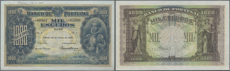 Portugal: 1000 Escudos 1920 Specimen P. 126s, a beautiful and very rare note wit...