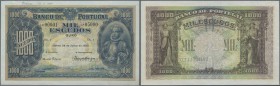Portugal: 1000 Escudos 1920 Specimen P. 126s, a beautiful and very rare note with ”Cancelled” perforation, only very light dint in paper but no folds,...
