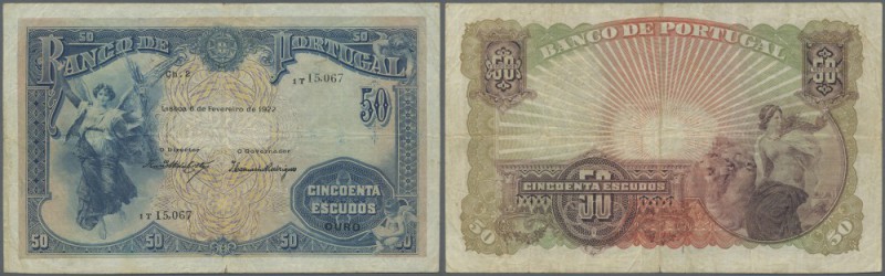 Portugal: 50 Escudos 1922 P. 128, a large size beautiful rare note with center f...