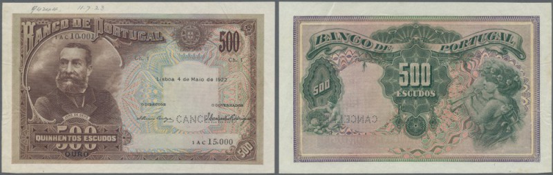 Portugal: 500 Escudos 1922 Specimen P. 129s, with ”Cancelled” perforation, print...