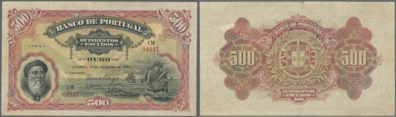 Portugal: 500 Escudos 1922 P. 130, very rare and searched note, small repair at ...