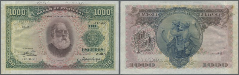Portugal: 1000 Escudos 1926 Specimen P. 131s, a rare and beautiful banknote with...