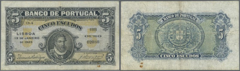Portugal: 5 Escudos 1925 P. 133, folds, stain dot at lower right, no holes or te...