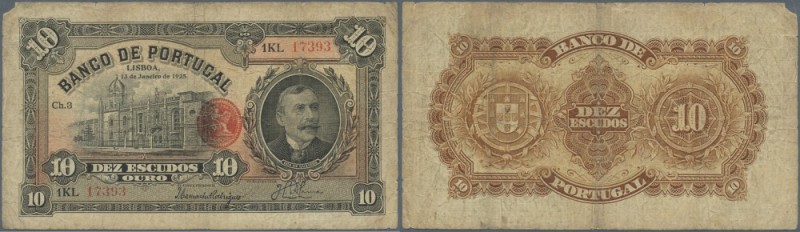 Portugal: 10 Escudos 1925 P. 134 in stronger used condition with stonger folds, ...