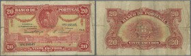 Portugal: 20 Escudos 1925 P. 135, strong horizontal fold, center hole, strong vertical fold, not repaired, still nice colors, condition: F to F-.