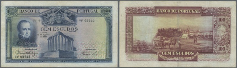 Portugal: 100 Escudos 1930 P. 140, 3 vertical and one horizontal old, pressed, v...
