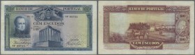 Portugal: 100 Escudos 1930 P. 140, 3 vertical and one horizontal old, pressed, very tiny professional repair at upper border, colors of the note are u...