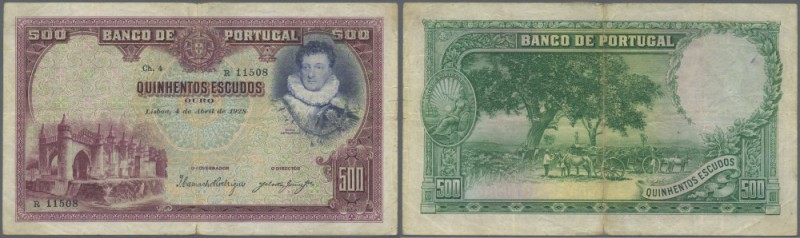 Portugal: 500 Escudos 1928 P. 141, very rare banknote, center fold (stronger vis...