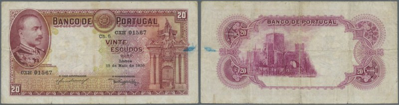 Portugal: 20 Escudos 1938 P. 143 in used condition with several folds and light ...