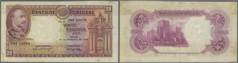 Portugal: 20 Escudos 1940 P. 143, pinholes at left border, staining at left side...