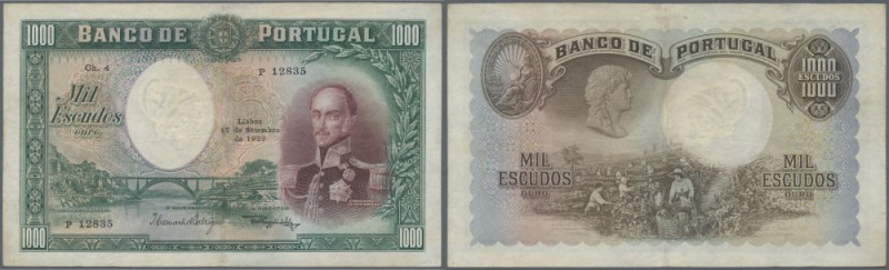 Portugal: 1000 Escudos 1929 P. 145, highly rare, issued note type, center fold w...