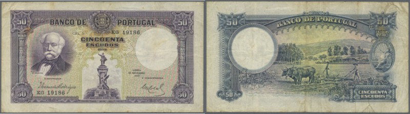 Portugal: 50 Escudos 1932 P. 146, center fold and several smaller folds, light s...