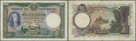 Portugal: 1000 Escudos 1932 P. 148, a very rare and attractive note, not repaired, original paper quality, center fold and some handling in paper, cor...