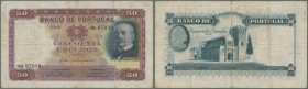 Portugal: 50 Escudos 1938 P. 149, normal traces of use, stronger center fold, light staining in paper, no holes or tears, nice colors, condition: F.