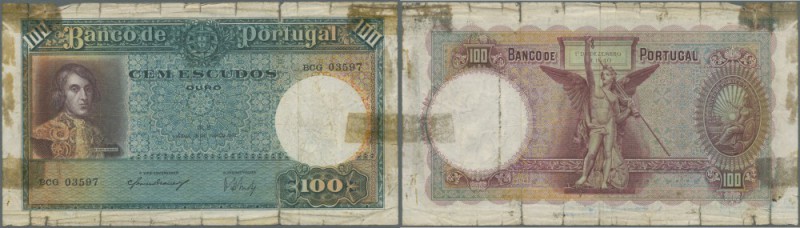 Portugal: 100 Escudos 1941 P. 150, well used note with many border tears and tap...