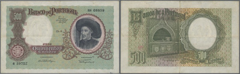 Portugal: 500 Escudos 1938 P. 151, light center and horizontal fold, paper thinn...