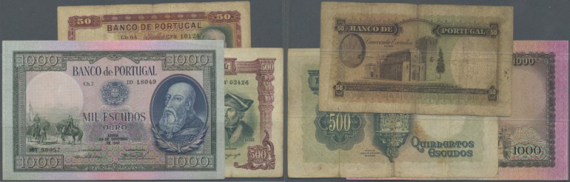 Portugal: set of 3 different banknotes containing 50 Escudos 1947 P. 154 (F-), 5...