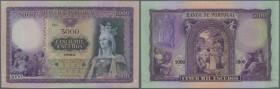 Portugal: 5000 Escudos ND(1942) Proof P. 157(p), a large size and very beautiful banknotes, higly rare on the market, 2 cancellation holes, light hori...