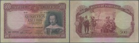 Portugal: 500 Escudos 1952 P. 158, center fold, several light folds in paper, no hols or tears, crispness in paper, bright colors. Condition: VF-.