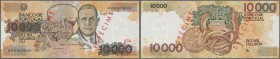 Portugal: 10.000 Escudos 1989 Specimen P. 185s with two red specimen overprints on front, specimen number ”656” at right and zero serial numbers. The ...