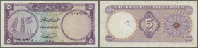 Qatar & Dubai: 5 Riyals ND(1960) P. 2, creases in paper, one pen writing on back, no holes or tears. Condition: F to F+.