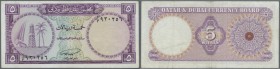 Qatar & Dubai: 5 Riyals ND(1960) P. 2, no strong folds but probably pressed, light staining on back, no writings on the note, still original colors, n...