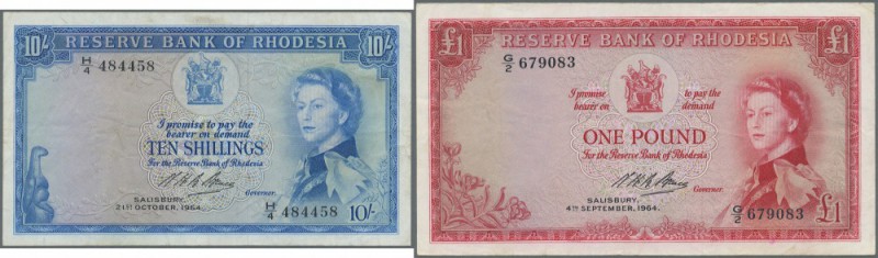 Rhodesia: set of 3 banknotes 10 Shillings 1964, 1 Pound 1964, 1 Pound 1968 P. 24...