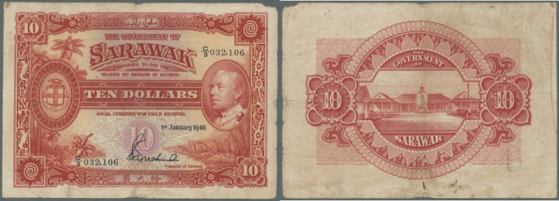 Sarawak: 10 Dollars 1940 P. 24, rare note in used condition with folds, light st...