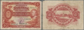 Sarawak: 10 Dollars 1940 P. 24, rare note in used condition with folds, light staining, a repaired 5mm tear at lower border but not washed and bright ...