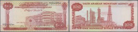 Saudi Arabia: 100 Riyals ND P. 15, used with center fold, a 5mm tear at upper border, no holes, pressed, but still with nice colors, condition: F+.