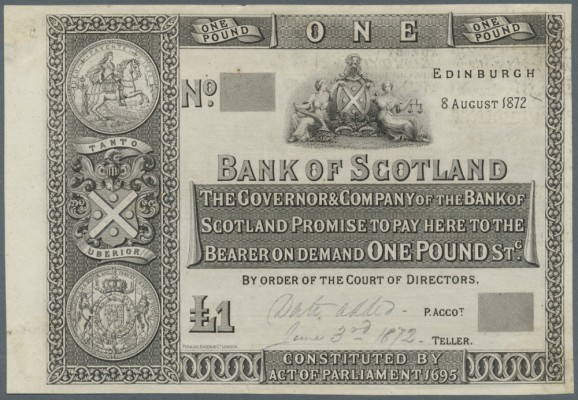 Scotland: 1 Pound 1872 Proof P. 65p, uniface printed with pencil annotations at ...