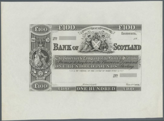 Scotland: Bank of Scotland 100 Pounds ND(18xx) Proof P. 69p uniface printed on b...