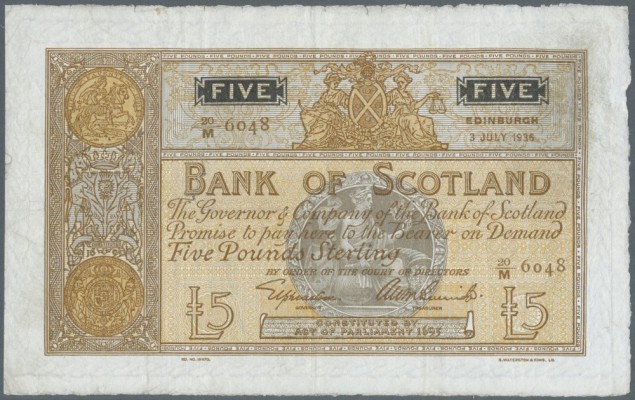 Scotland: 5 Pounds 1936 P. 92a, border wear at upper border, several vertical an...
