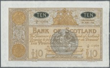 Scotland: 10 Pounds 1938 P. 93a, Bank of Scotland, 2 vertical and one horizontal fold, light stain at folds on back, no holes or tears, strong paper a...