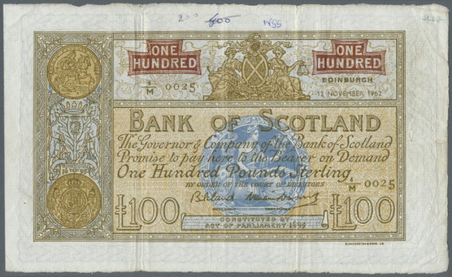 Scotland: 100 Pounds 1962 P. 95e, Bank of Scotland, several vertical folds, one ...