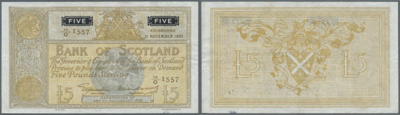 Scotland: 5 Pounds 1953 P. 98b, Bank of Scotland, several vertical folds and lig...