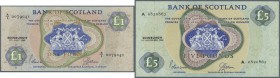Scotland: set 2 notes Bank of Scotland containing 1 Pound 1968 P. 109a (XF) and 5 Pounds 1968 P. 110 (UNC), nice condition set. (2 pcs)