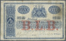 Scotland: The British Linen Bank 5 Pounds 1910 P. 147, early date issue, stronger used with folds, creases and stained paper, no holes or large damage...