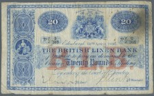 Scotland: The British Linen Bank 20 Pounds 1908 P. 149, very rare early date, stronger used with strong vertical and horizontal fold, staining in pape...