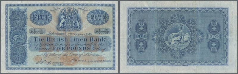 Scotland: The British Linen Bank 5 Pounds 1943 P. 158b, several vertical and hor...