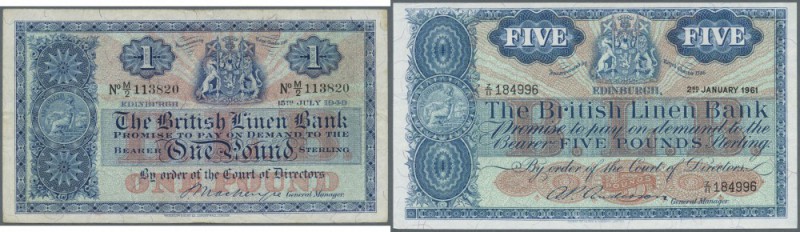 Scotland: The British Linen Bank, set of 2 notes 1 Pound 1949 P. 162 (F) and 5 P...