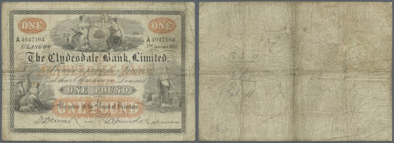 Scotland: The Clydesdale Bank 1 Pound 1920 P. 181b, stronger used with several f...