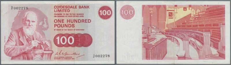 Scotland: Clydesdale Bank Limited 100 Pounds 1976 P. 210b, vertically folded, se...