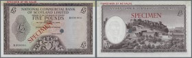 Scotland: National Commercial Bank of Scotland Limited 5 Pounds ND Color Trial P. 272ct, hole cancellation, specimen overprint, zero serials, residual...