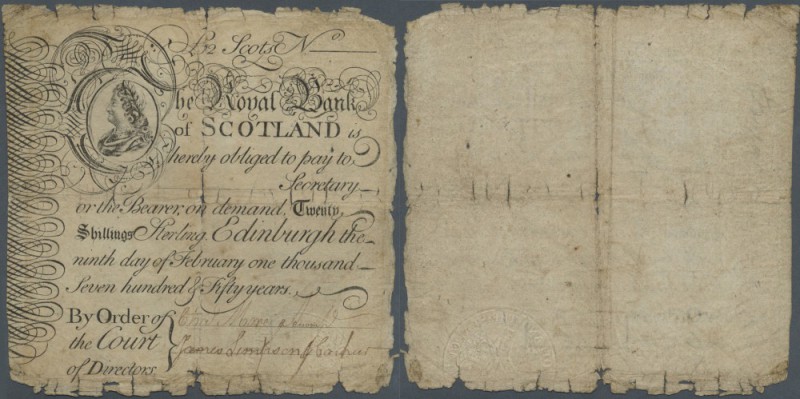 Scotland: The Royal Bank of Scotland 20 Shillings ND(1750) P. 281, highly rare e...