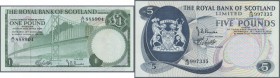 Scotland: The Royal Bank of Scotland set of 2 different notes 1 Pound 1969 P. 329a (aUNC) and 5 Pounds 1966 P. 328 (XF-), nice set. (2 pcs)